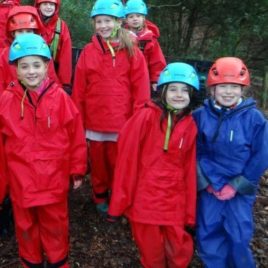 Happy girls in waterproof clothing
