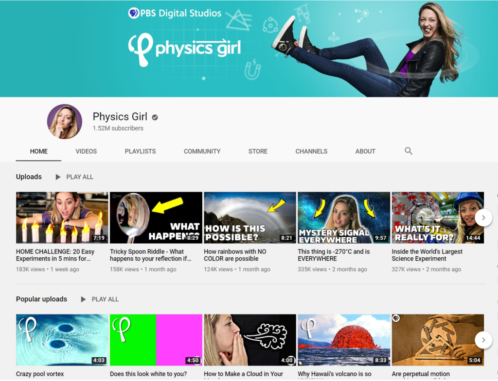 Shot of Physics Girl's YouTube page