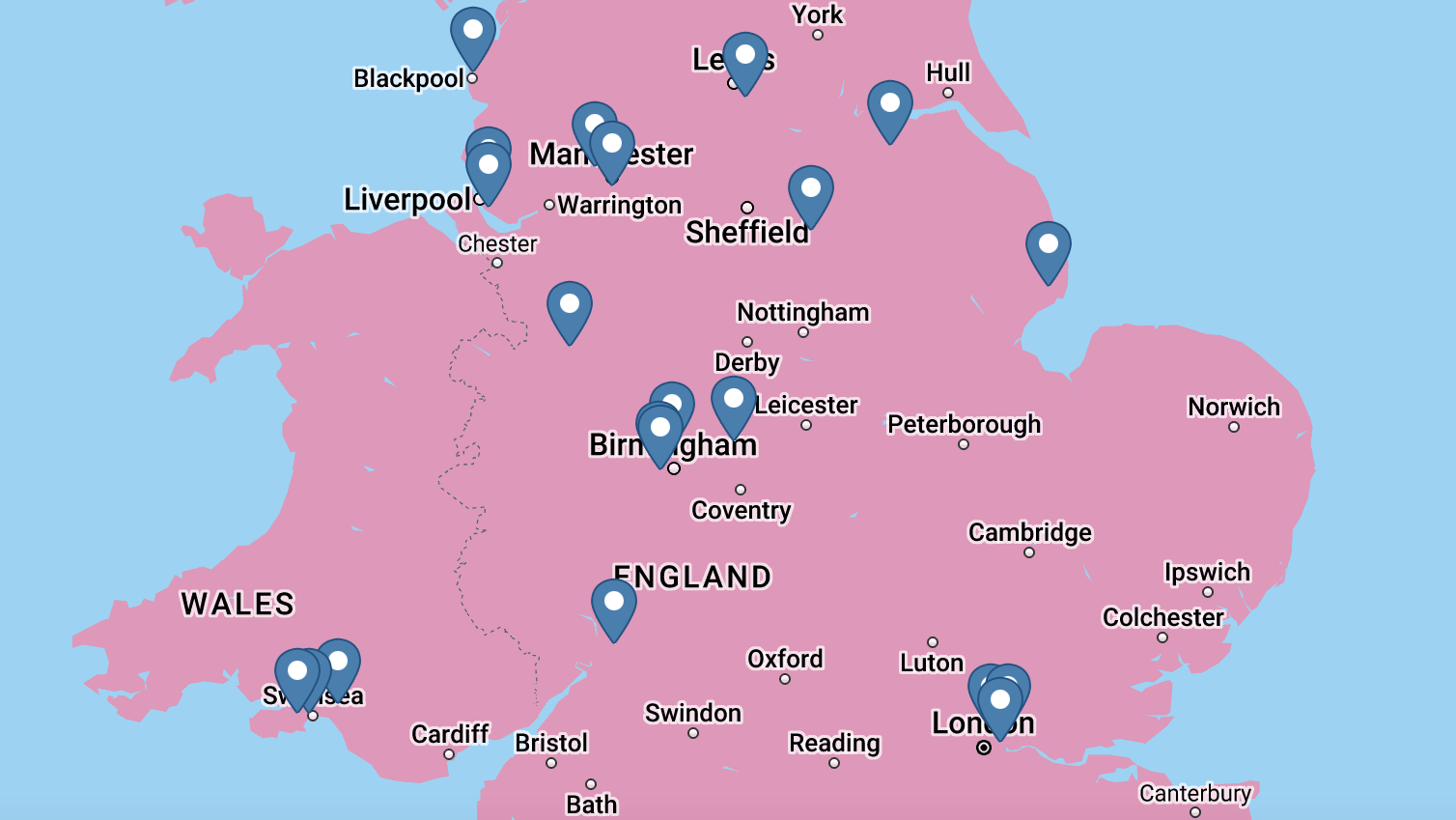 cropped map of England Wales with blue pins where GFS groups are